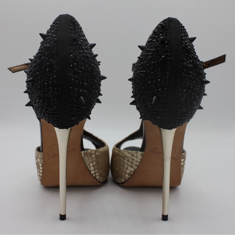 Designer Sam Edelman Scarlett Black /Gold Suede Leather Spiked Heels Size 9.5 - Picture 4 of 9